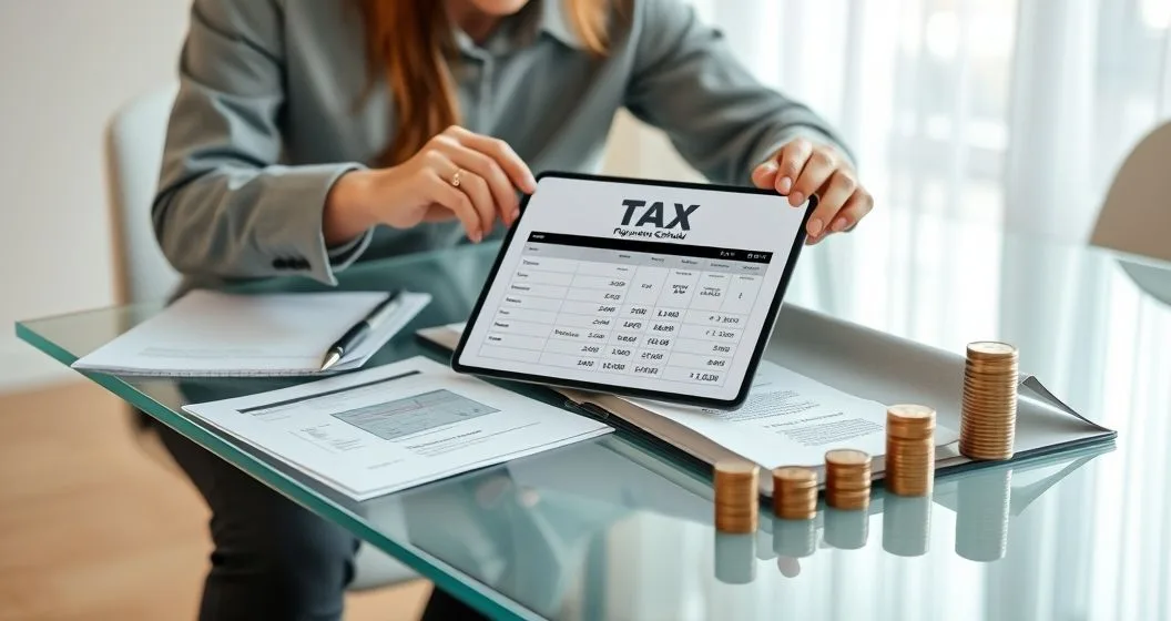 Tax advisor and taxpayer look at a tablet showing a simplified payment timeline on a clean conference table with documents and coins indicating manageable payments
