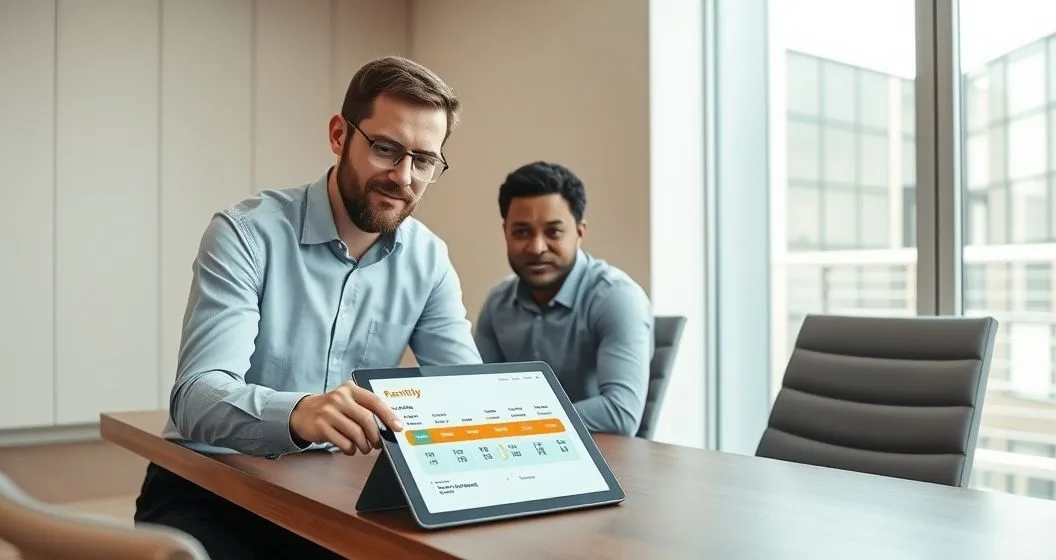 Tax advisor and client review a tablet showing a monthly payment timeline and markers for online direct debit and partial payment in a modern office.