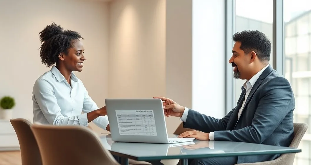 Tax advisor shows a simplified online installment schedule on a laptop to a diverse taxpayer in a modern office.