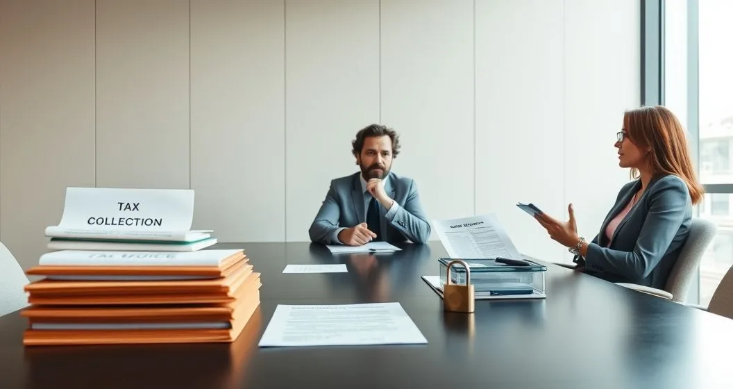 A tax advisor points to a left to right sequence of notice envelopes a final notice a lien document and a bank statement with a padlock while a taxpayer listens in a modern office.