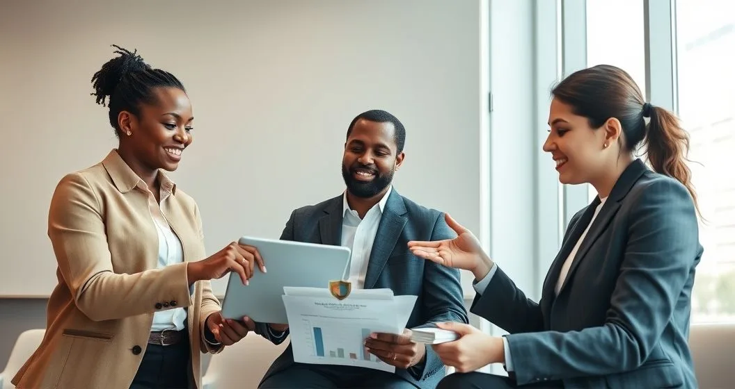 Small business owner and loan officer in a modern office reviewing loan terms on a tablet with a shield emblem symbolizing a government guarantee and an advisor highlighting benefits and risks.