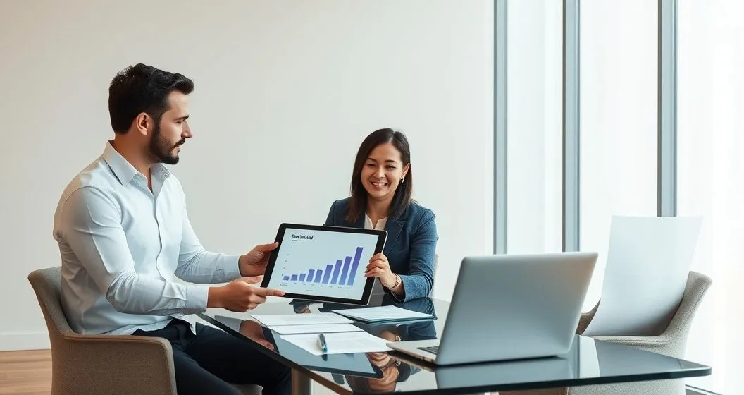 Financial advisor explains consolidation and repayment options to a graduate student and a parent over a tablet and documents in a modern office