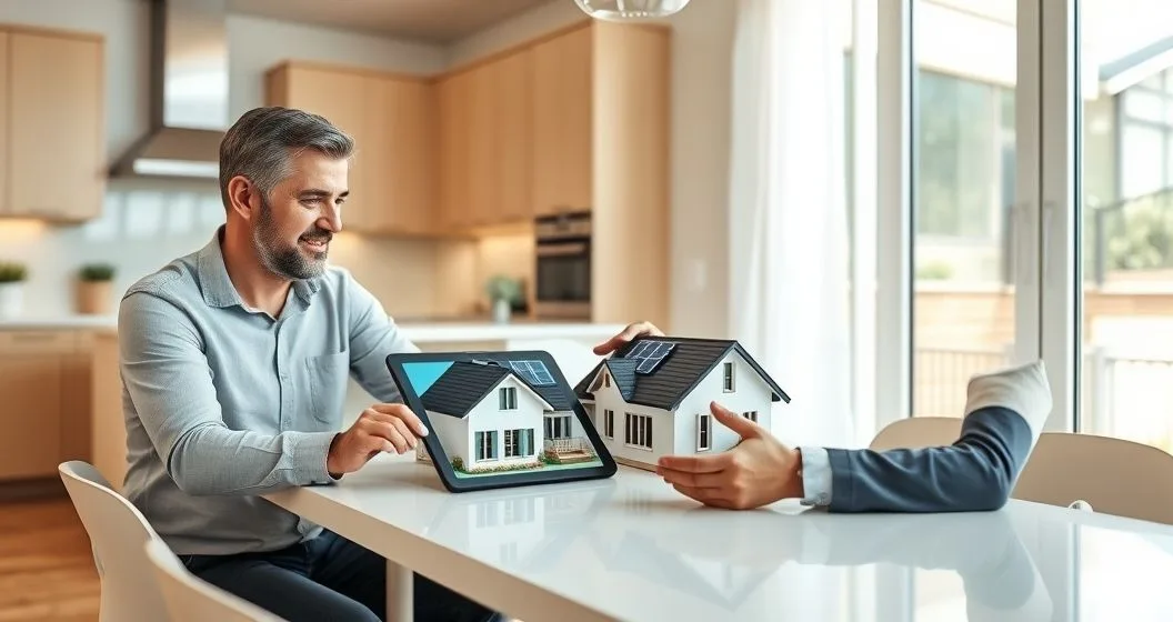 Homeowner and mortgage advisor at a kitchen table reviewing a tablet showing a 3D house with solar panels representing energy efficient upgrades and financing discussion