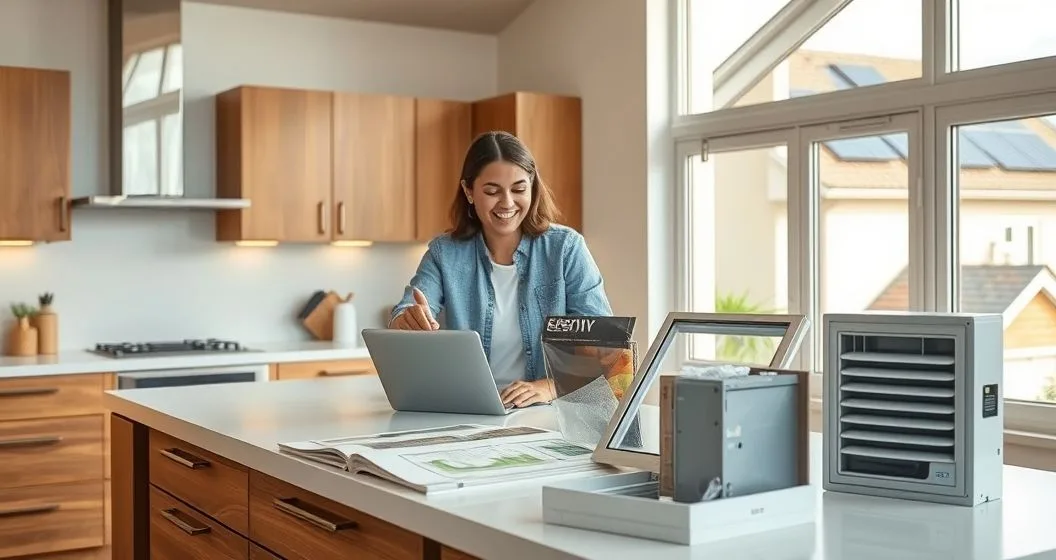 Homeowner and loan officer reviewing a tablet with an energy efficiency overlay and retrofit samples in a modern kitchen with solar panels visible outside