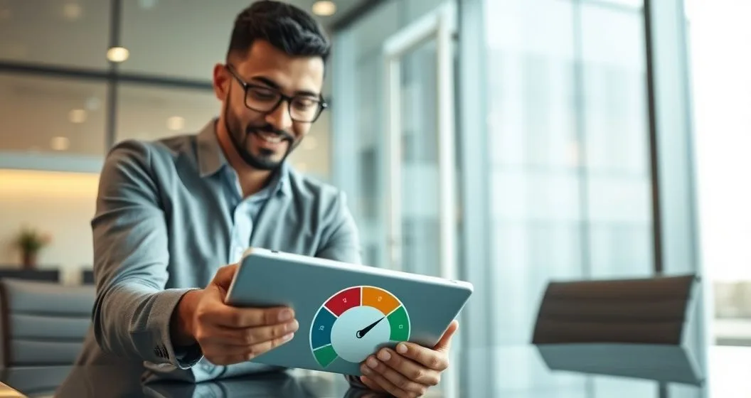 Borrower and advisor in a modern conference room looking at a tablet where multiple lender icons converge into one credit score gauge representing grouped credit inquiries
