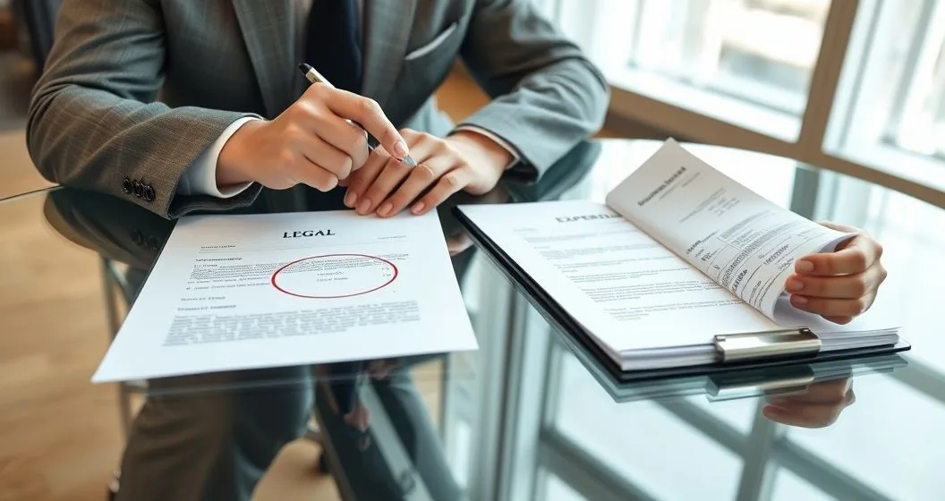 Lawyer pointing at two open loan documents on a conference table while borrower holds an expense receipt indicating indemnity and a circled payment schedule indicating guaranty