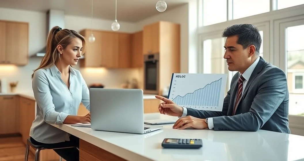 Homeowners and a financial advisor reviewing a laptop showing rising interest rates with a HELOC statement and calculator on the table.