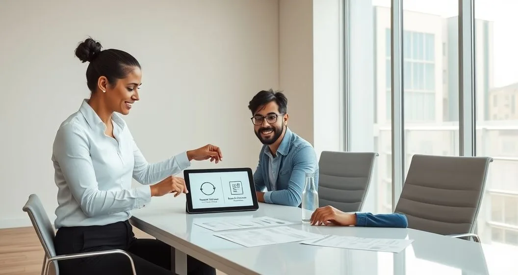 Financial advisor shows a couple a tablet comparing a flexible HELOC graphic and a fixed second mortgage document in a modern office