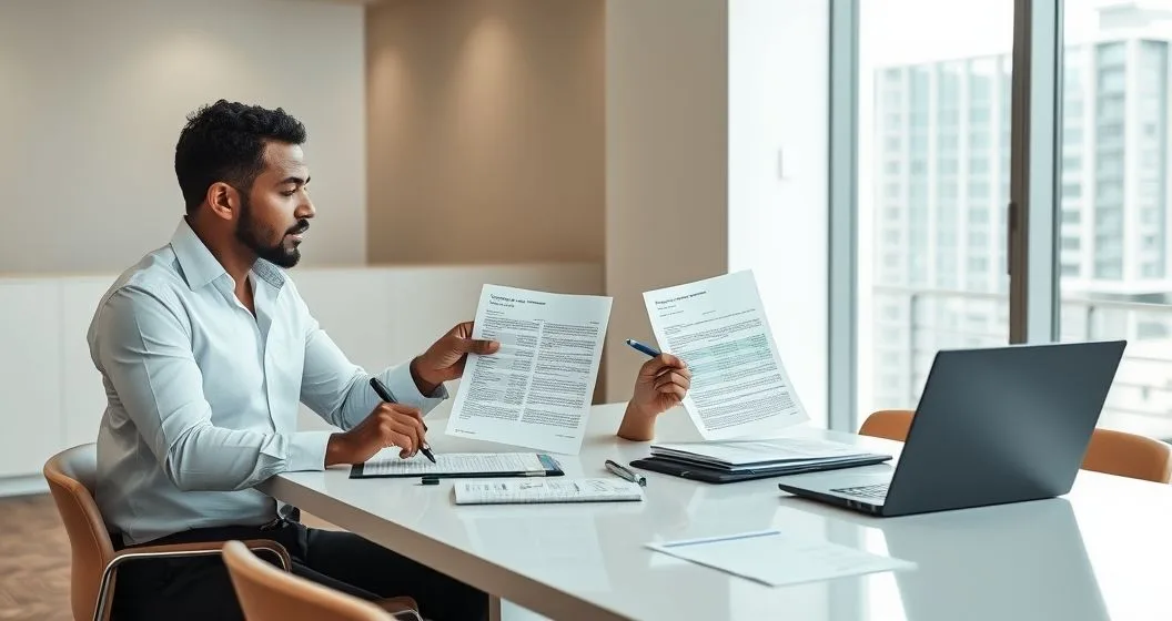 Tax advisor and client reviewing an official tax notice and corrected tax return documents at a modern conference table.