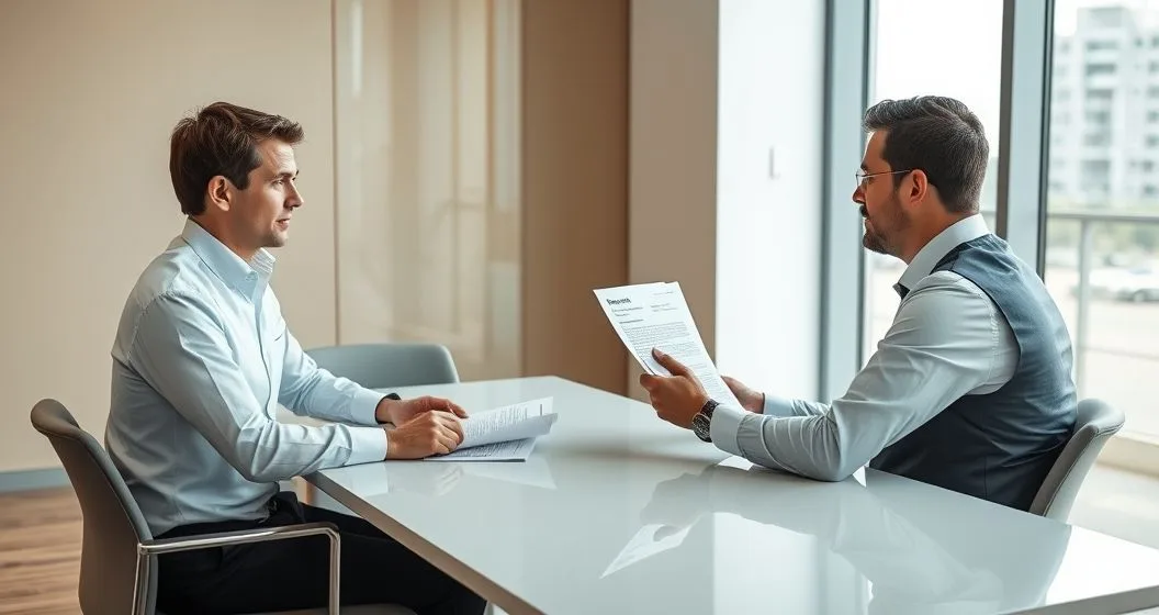 Loan officer and borrower across a conference table reviewing settlement documents symbolizing a lender considering a hardship based debt settlement
