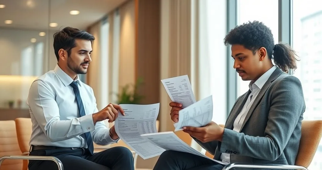 Loan officer and borrower reviewing financial statements and bills across a clean conference table in a modern bank office.