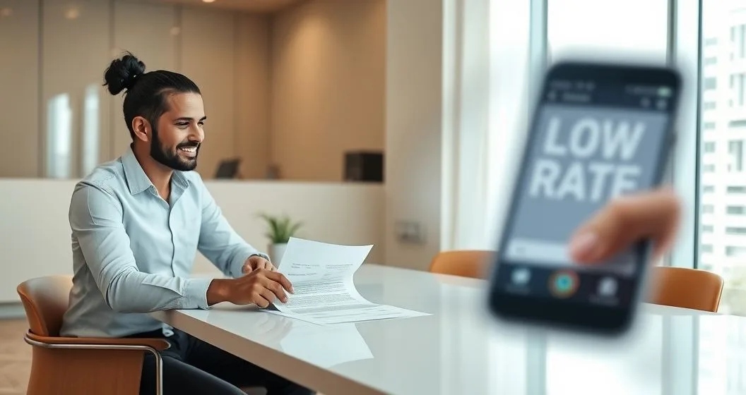 Financial counselor pointing to fine print on a loan agreement with a magnifying glass while a concerned consumer looks on and a phone shows a blurred low rate ad
