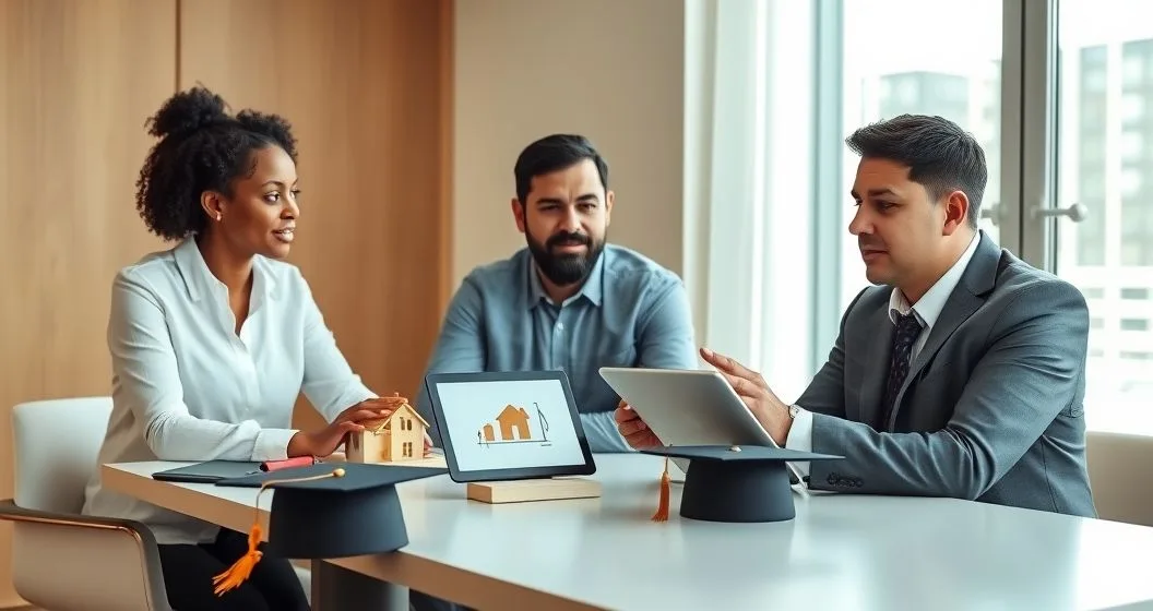 Financial advisor meets with a couple about using home equity for education, a house model and graduation cap on the table, tablet displays a balance graphic.