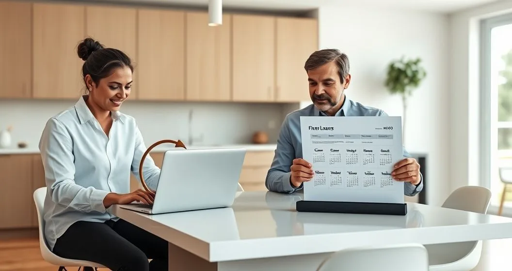 Homeowner and two advisors at a kitchen island comparing a HELOC concept shown as a circular arrow around a house model and a fixed loan concept shown as a document with repeated payment icons on a laptop and tablet