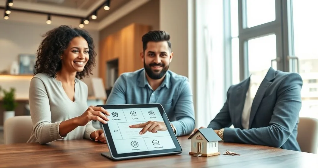 Mortgage advisor and diverse young couple reviewing loan type icons on a tablet with a duplex model on the table