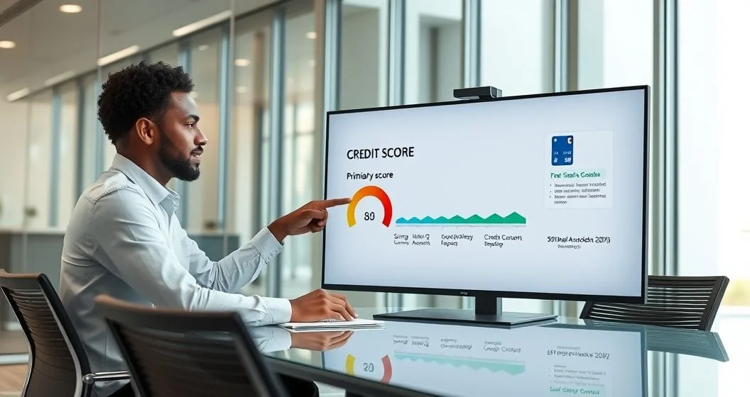 Financial advisor points to a monitor showing a credit score gauge and account timeline while a young adult authorized user listens in a modern office.