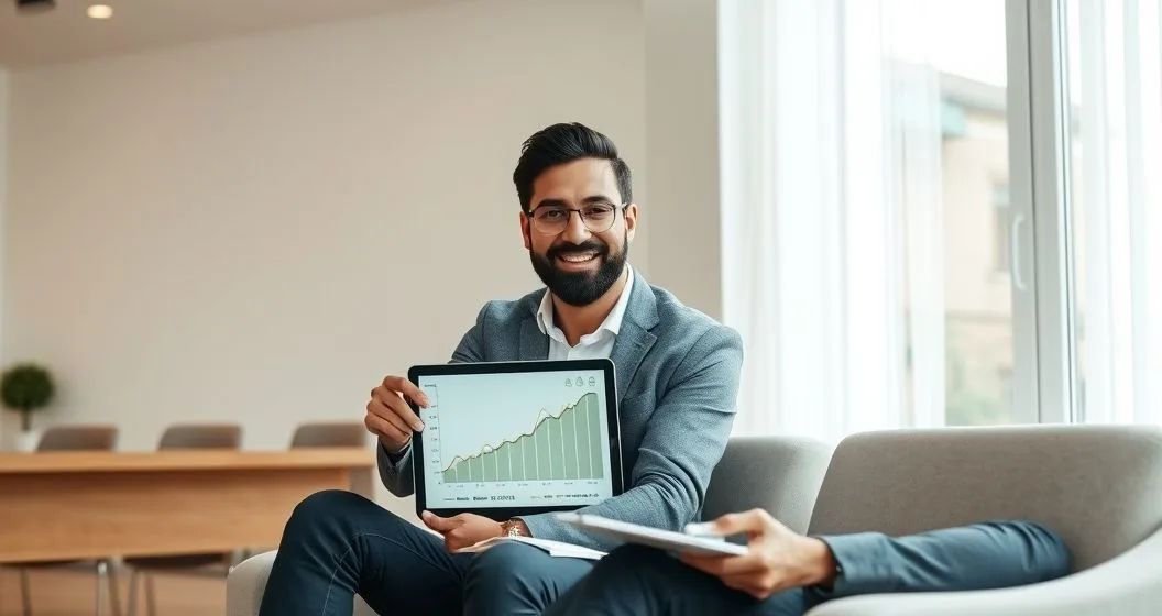 Homeowner and financial advisor in a modern office reviewing a tablet showing a cash payout and a rising mortgage balance that reduces home equity