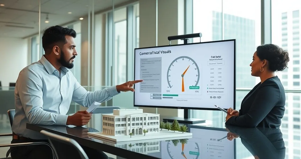 Analyst pointing to a monitor with a gauge and balance scale graphic beside a small building model while a loan officer and diverse borrower discuss at a conference table