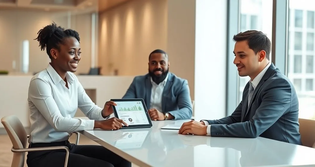 Financial advisor pointing at a tablet showing clustered inquiry icons for mortgage shopping and separate inquiry icons for personal loans while two clients watch in a modern office