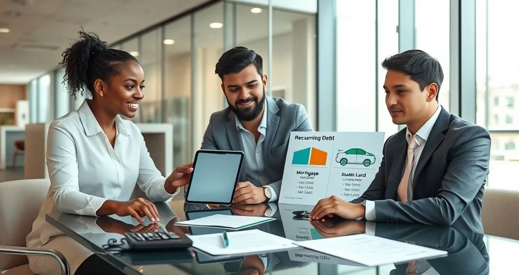 Loan officer and clients viewing a tablet with segmented income versus debt graphics and icons for mortgage auto student and credit card loans illustrating varying debt to income calculations
