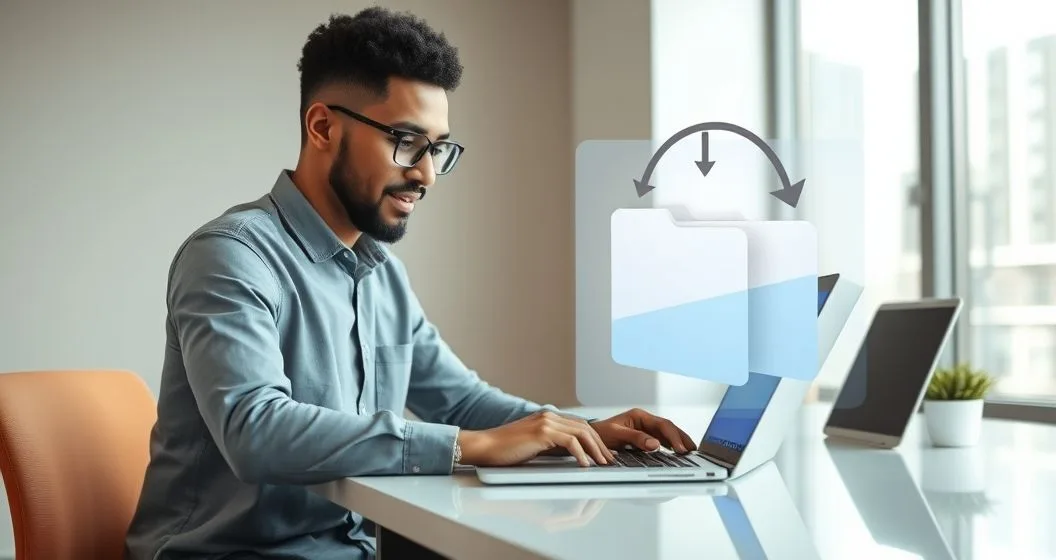 Person at a modern desk making an electronic tax payment on a laptop with a translucent overlay of stacked folders and arrows showing payment allocated to the oldest folder