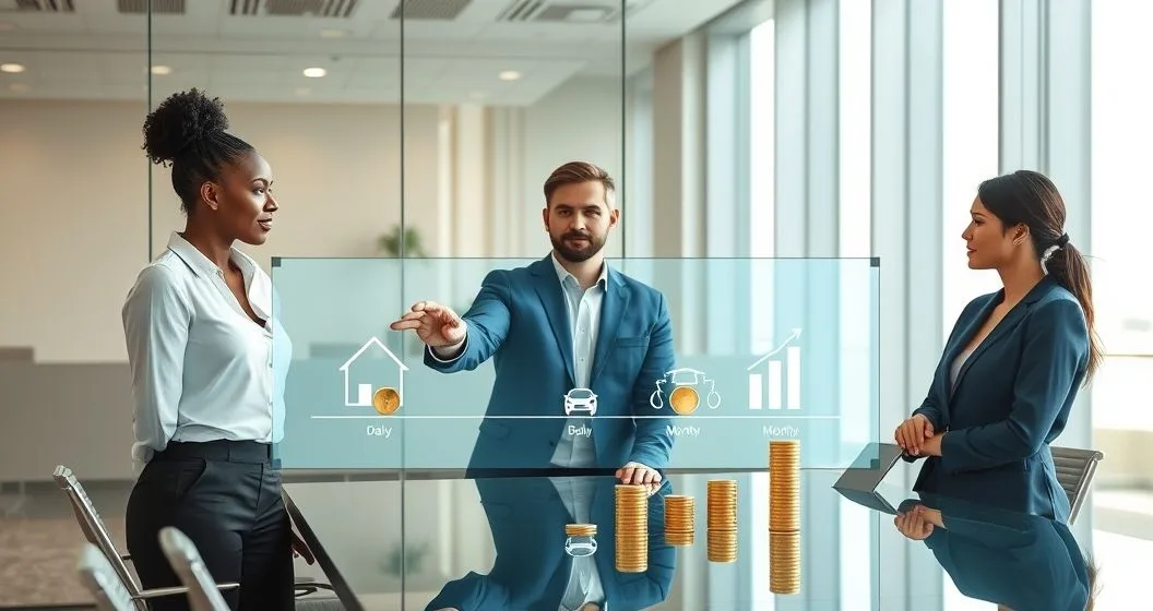 Advisor pointing to touchscreen with house car person and graduation cap icons above coin stacks and calendar markers showing accrual frequency and capitalization
