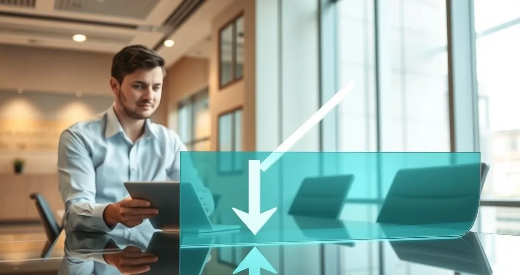 Diverse borrower and loan officer examining tablet showing a downward rate arrow halted by a glass barrier symbolizing an interest rate floor in a modern office.