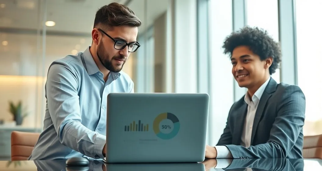 Loan officer and borrower reviewing a laptop showing a segmented infographic of market benchmarks and borrower risk factors in a modern office