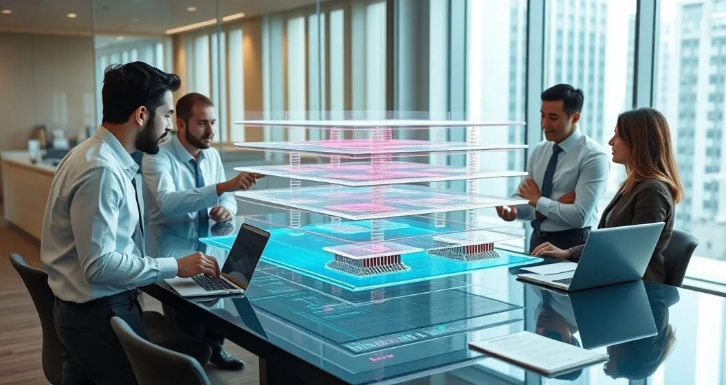 Diverse financial team examines a translucent 3D model of a pooled loan with layered tranches on an interactive table showing flowing lights for cash flows in a modern conference room