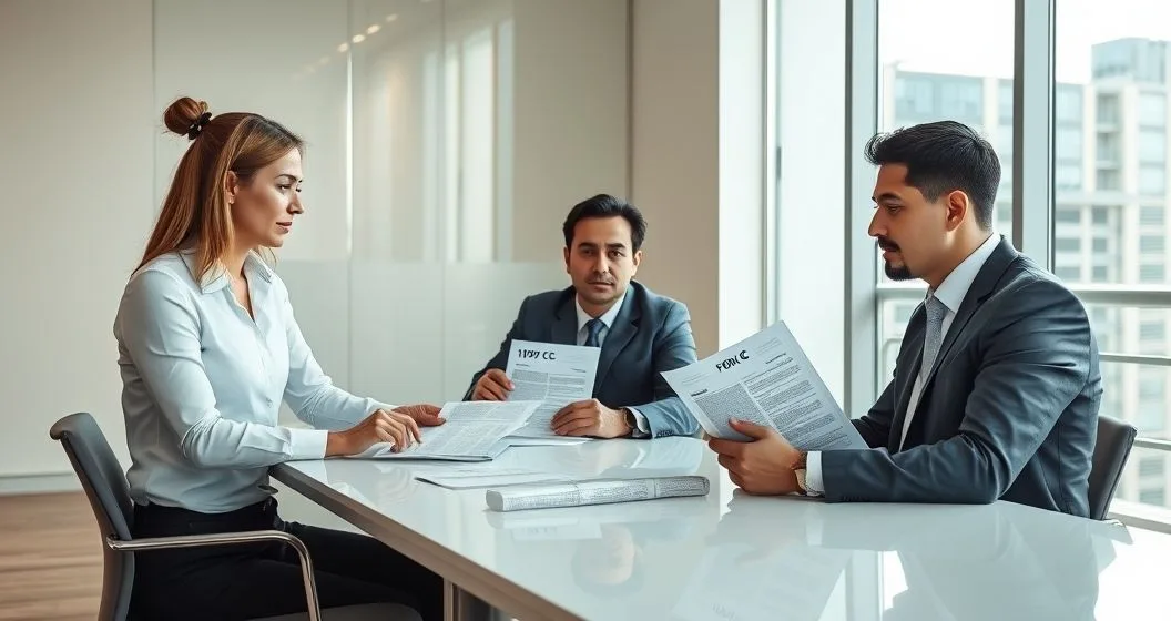 Loan officer and borrower with tax advisor at a conference table looking at documents labeled 1099 C and Form 982