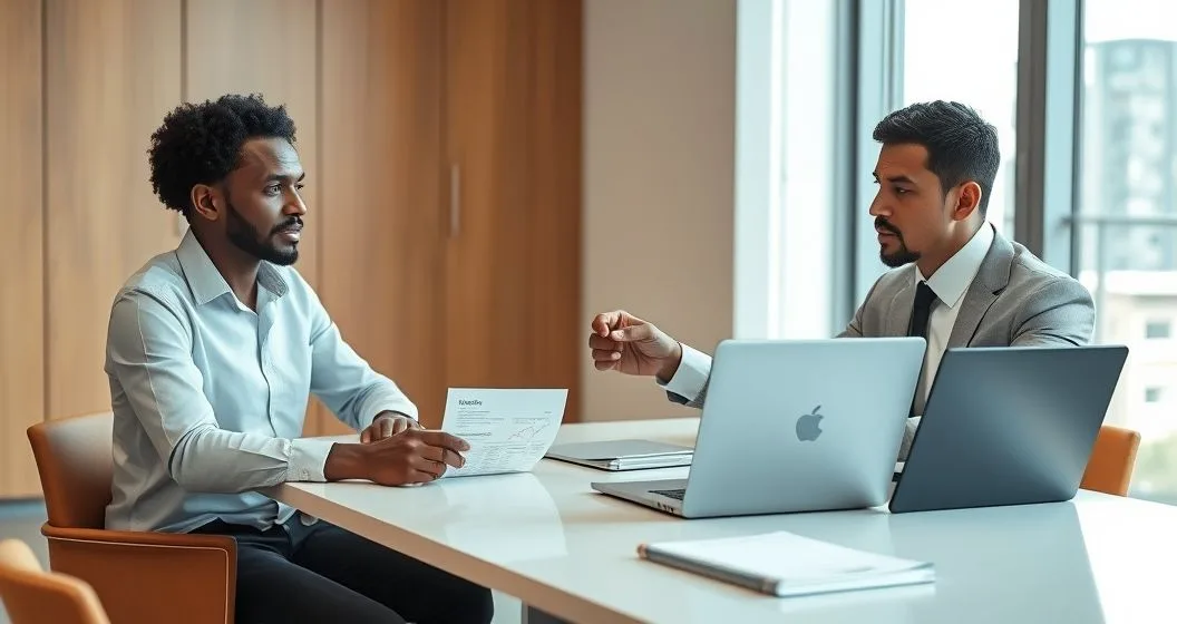 Patient and financial advisor reviewing a blurred credit score gauge on a laptop with a medical bill and overdue notice on the table