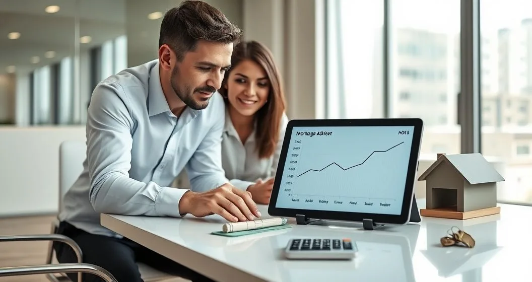 Mortgage advisor pointing to a tablet comparing lower monthly payment and a break even timeline for buying points