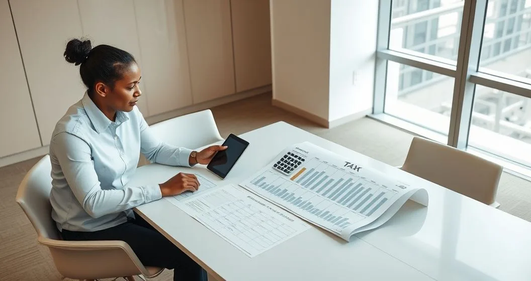 A tax advisor and a client at a conference table reviewing charts and a worksheet that illustrate income expense breakdowns and a reduced monthly payment timeline