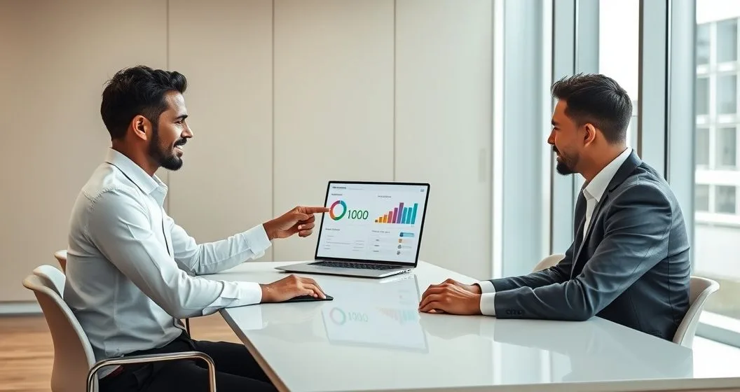 Loan officer explaining two reporting outcomes to a borrower using a laptop that displays stable versus falling credit visuals