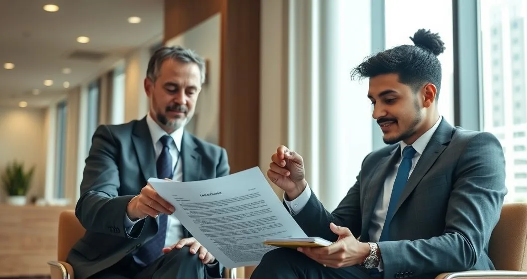 Tax attorney and client reviewing a court ruling and tax papers in a modern office setting.