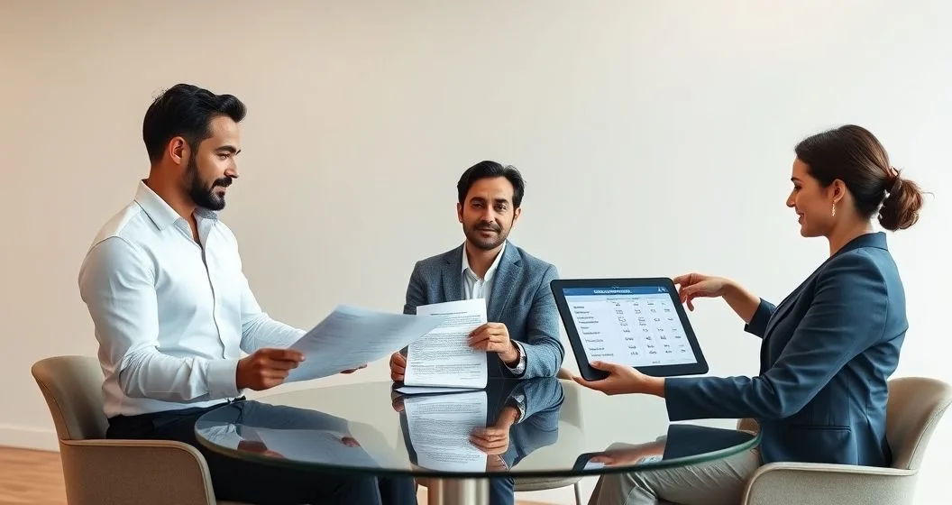 Mortgage officer and two diverse borrowers at a modern conference table reviewing old loan papers and a new refinance agreement while an associate points to account details on a tablet.
