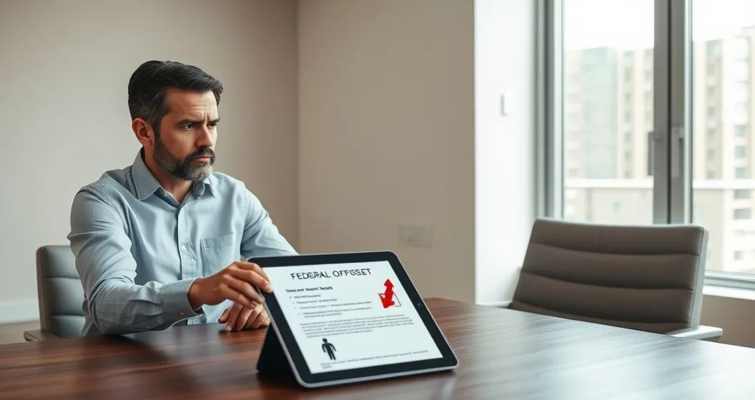 Taxpayer and financial counselor review an official offset notice while a tablet shows a tax refund being diverted toward icons for child support student loans and other debts.