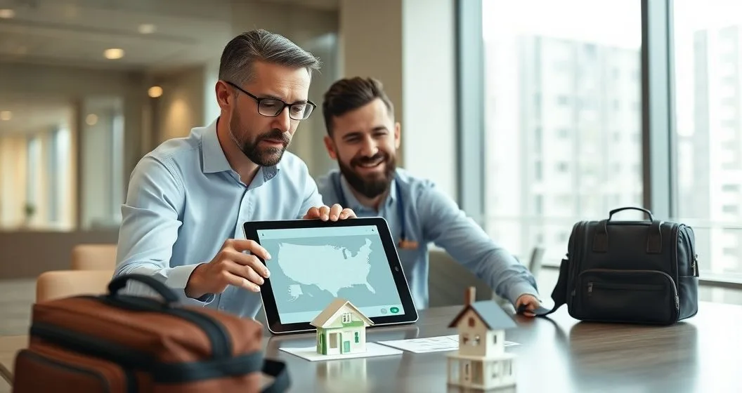 Tax advisor and client reviewing tablet with two state outlines and a calendar showing counted days, model house and travel bag on table