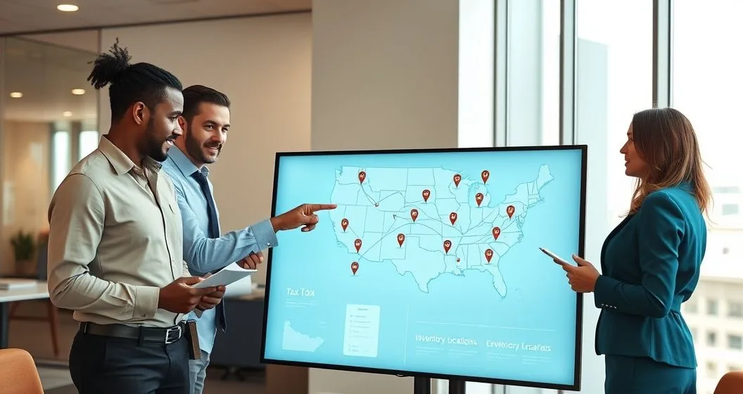 Tax advisors pointing at an interactive US map with pins and lines marking inventory employees and sales flows indicating nexus triggers