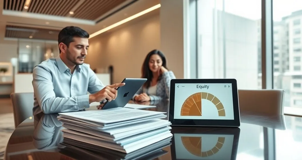 Mortgage officer and diverse couple review layered loan folders and a tablet showing reduced available equity caused by a subordinate lien in a modern office setting