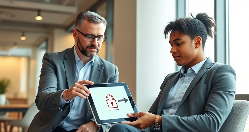 Financial counselor and borrower reviewing a tablet showing a graphic of a tax refund being redirected to a locked student loan account representing a Treasury offset