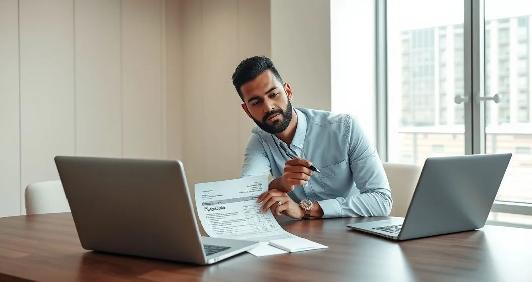 Payroll specialist points to a deduction on a pay stub while a diverse employee listens across a clean HR desk with payroll software on a laptop and a sealed legal notice envelope nearby.