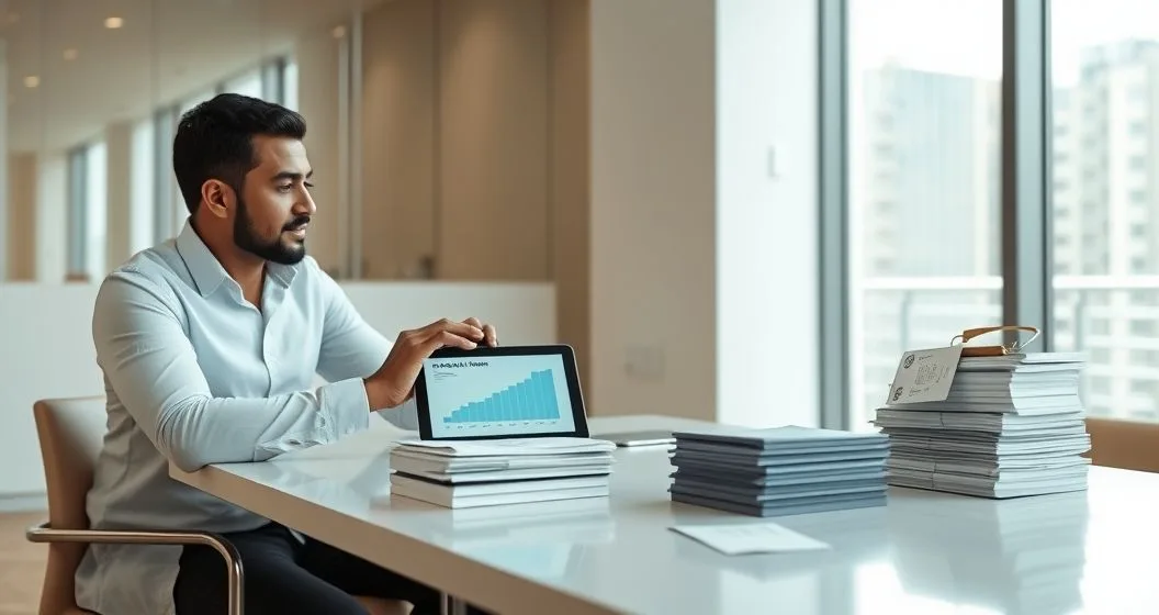 Tax advisor and client at a modern table viewing a tablet with a stacked chart showing payment applied to the oldest liability a small refund envelope and a secondary pile suggest offsets