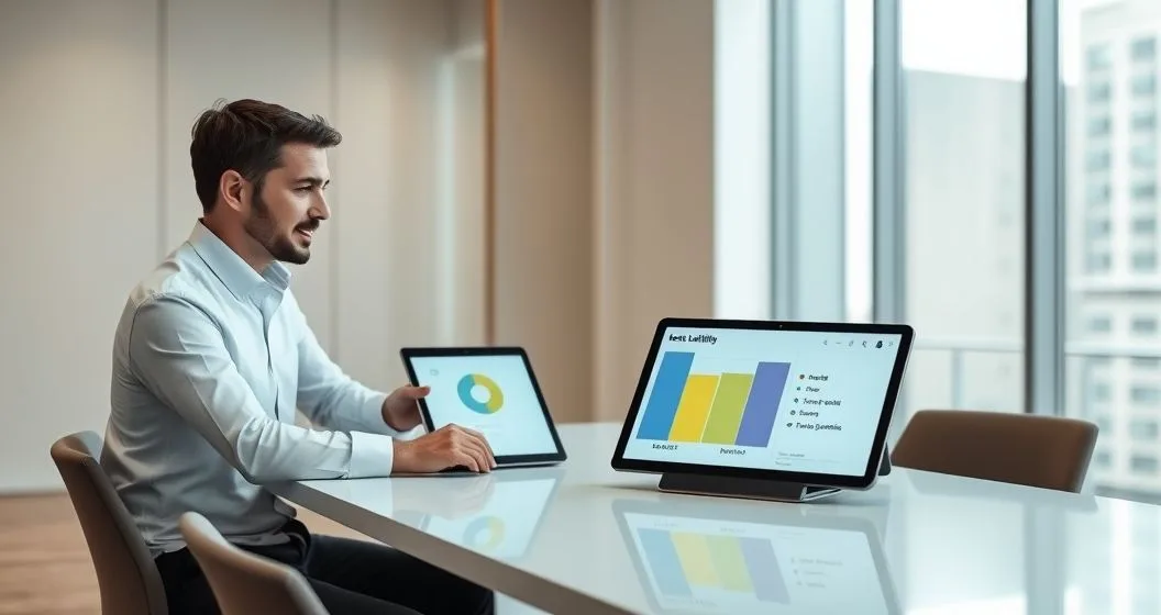 Tax advisor pointing at a tablet with a segmented allocation diagram showing ordered layers for penalties interest and tax principal while a client listens in a modern office
