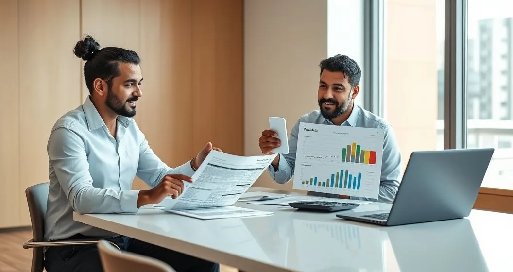 Tax advisor and client at a clean conference table reviewing a printed tax statement and a laptop with a segmented chart, client holding a calculator, advisor pointing to sections that illustrate components of collection costs.