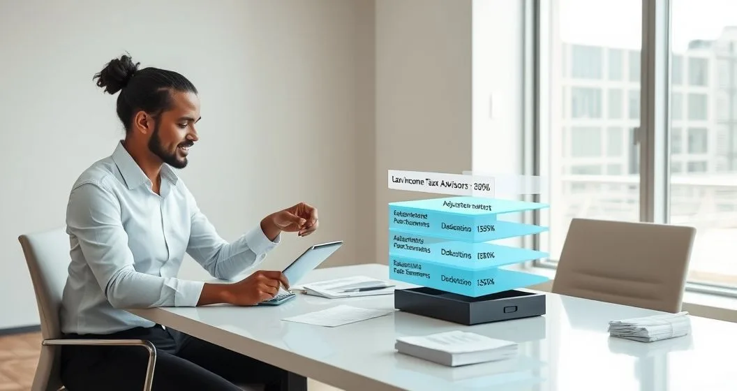 Tax advisor pointing at a tablet with layered blocks representing gross income and descending deductions while a client reviews printed statements and a calculator on a clean conference table