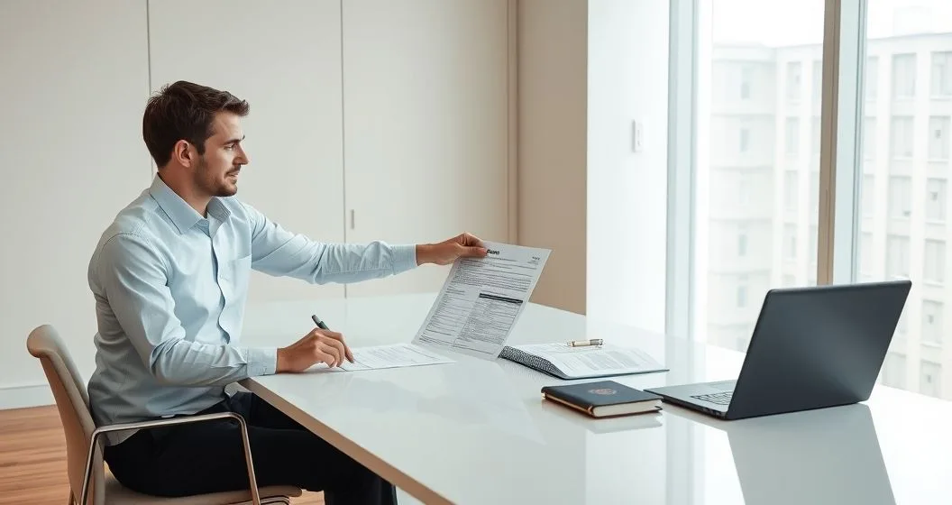 Tax advisor points to printed Form 1040 NR on a conference table while a nonresident client reviews documents with a passport and laptop visible