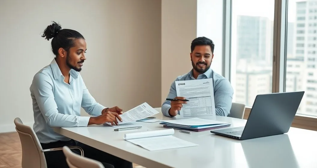 Tax professional points to a printed Form 1040 X on a conference table while a client follows, laptop and neat folders nearby.