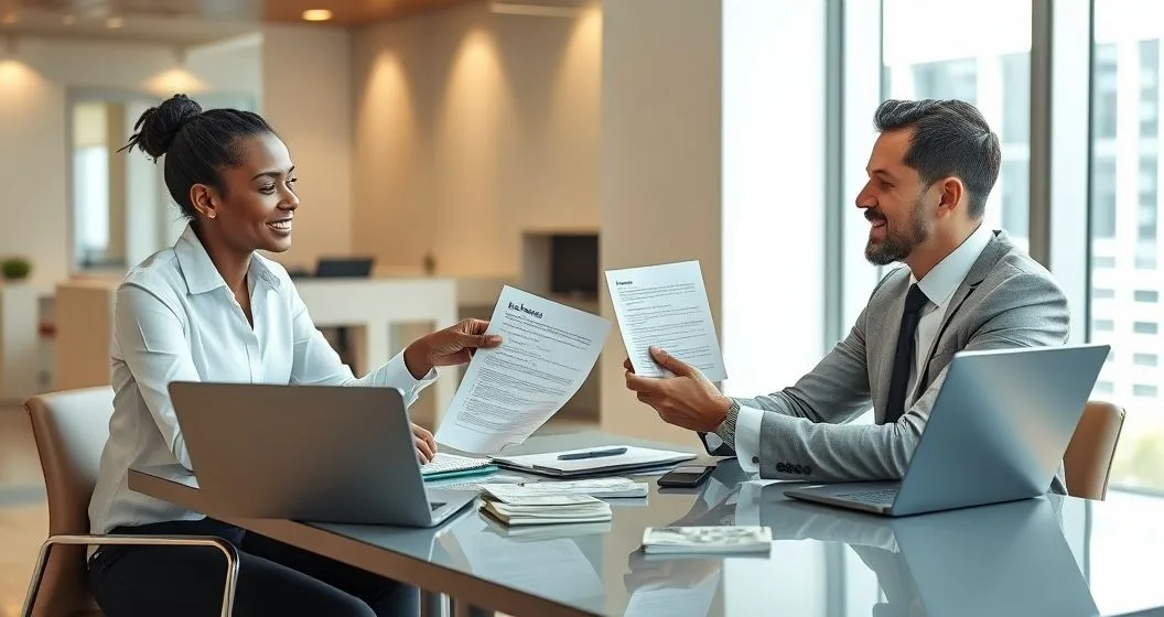 Tax advisor and client at a conference table with advisor showing a release document and checklist in a bright office conveying relief and professional guidance.