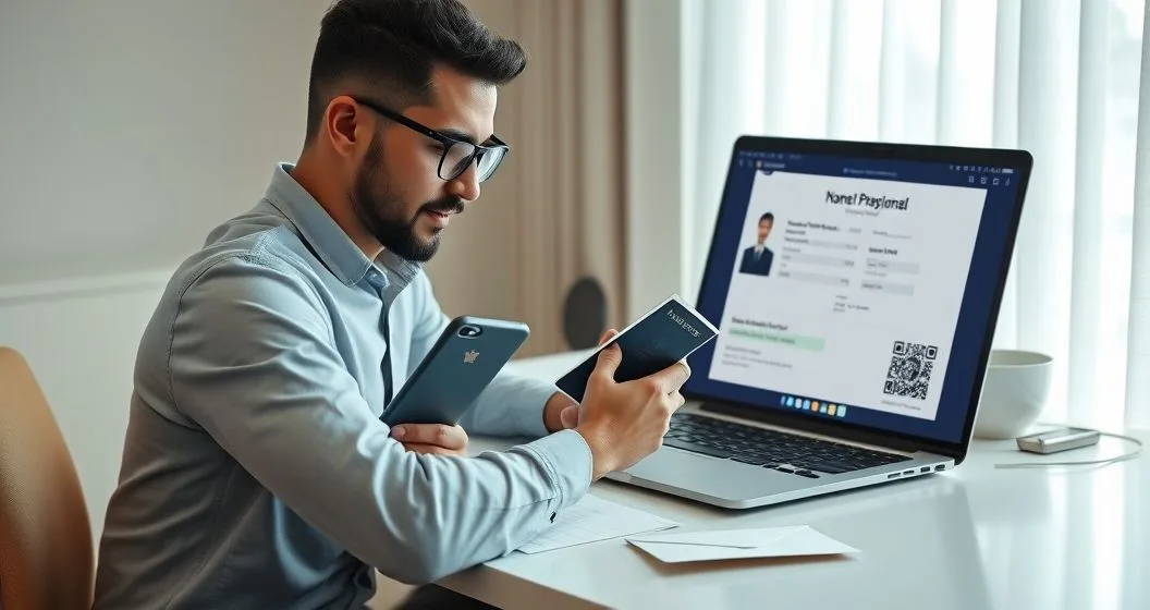 Person scanning government ID and driver license at a tidy desk while laptop displays an identity verification interface